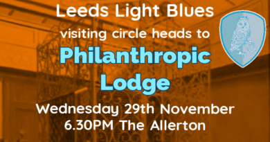 A photo of the old elevator advertising the Leeds Light Blues visit to Philanthropic Lodge on Wednesday 29th November